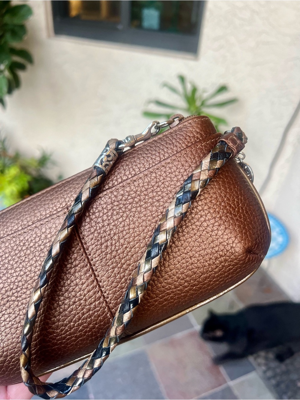 Brighton Barbados Bronze Metallic Pebbled Leather Wristlet Braided Strap